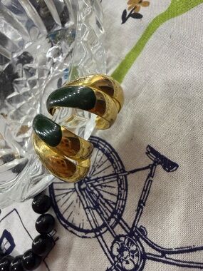 Gold Tone Clip-On Earrings with Dark Green Enamel Tips